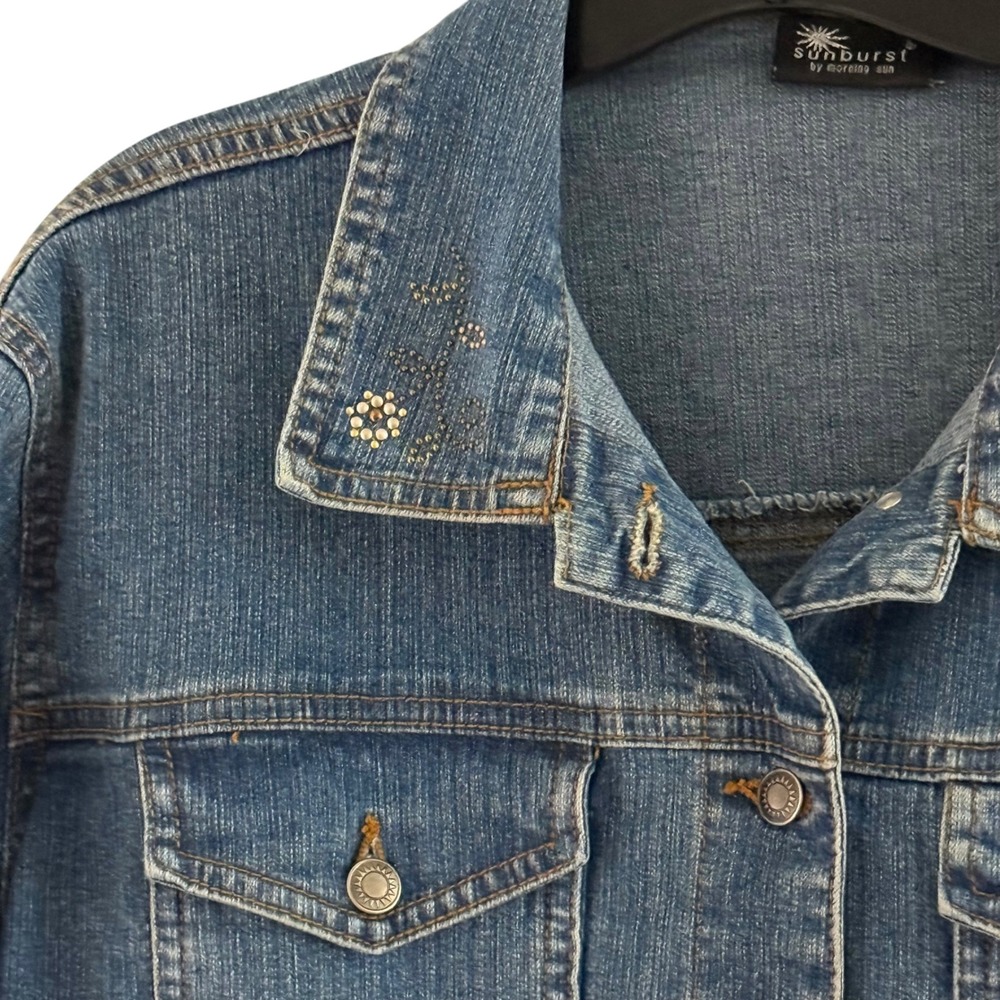 90's Sunburst Denim Jacket Women L Blue Floral Studded Rhinestone Trucker Coat - Picture 9 of 16